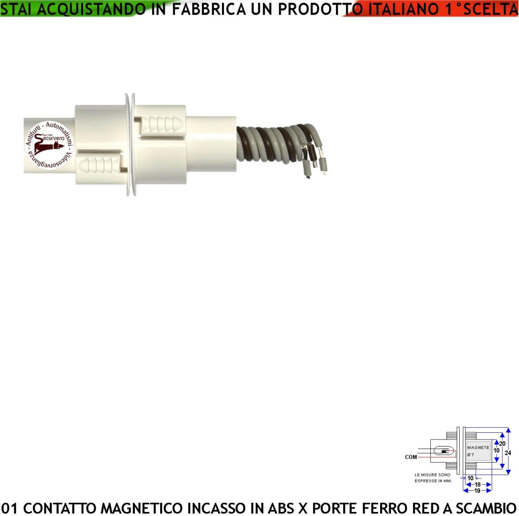 Sensore Magnetico Blindato a Cilindro In ABS da Incasso Contatto Reed a Scambio Rileva Posizione Porta in Ferro Antifurto Campo Lavoro 15 mm 3 Fili C.NC.NA Max 30 V 10 W Fissaggio ad Incasso IP67