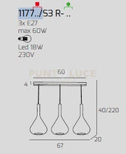 SOSPENSIONE OTTONE SAT. 3 LUCI RETTANGOLARE VETRI BLU 1177OS-S3 R-BL