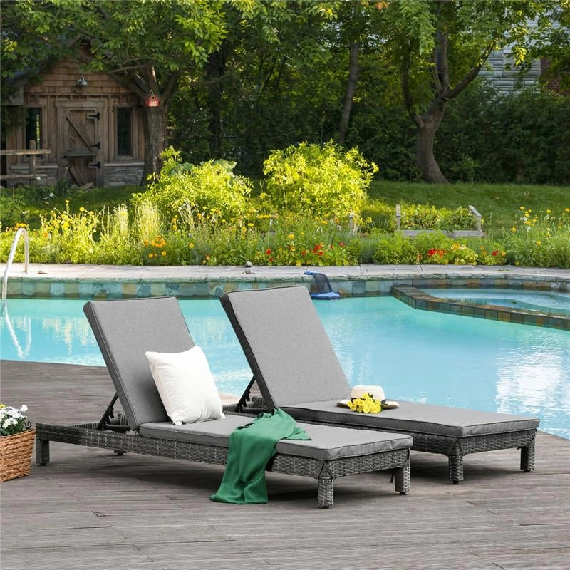 SET 2 SDRAIO DA GIARDINO IN PE RATTAN CON CUSCINO IMBOTTITO GRIGIO 196X65X22 CM