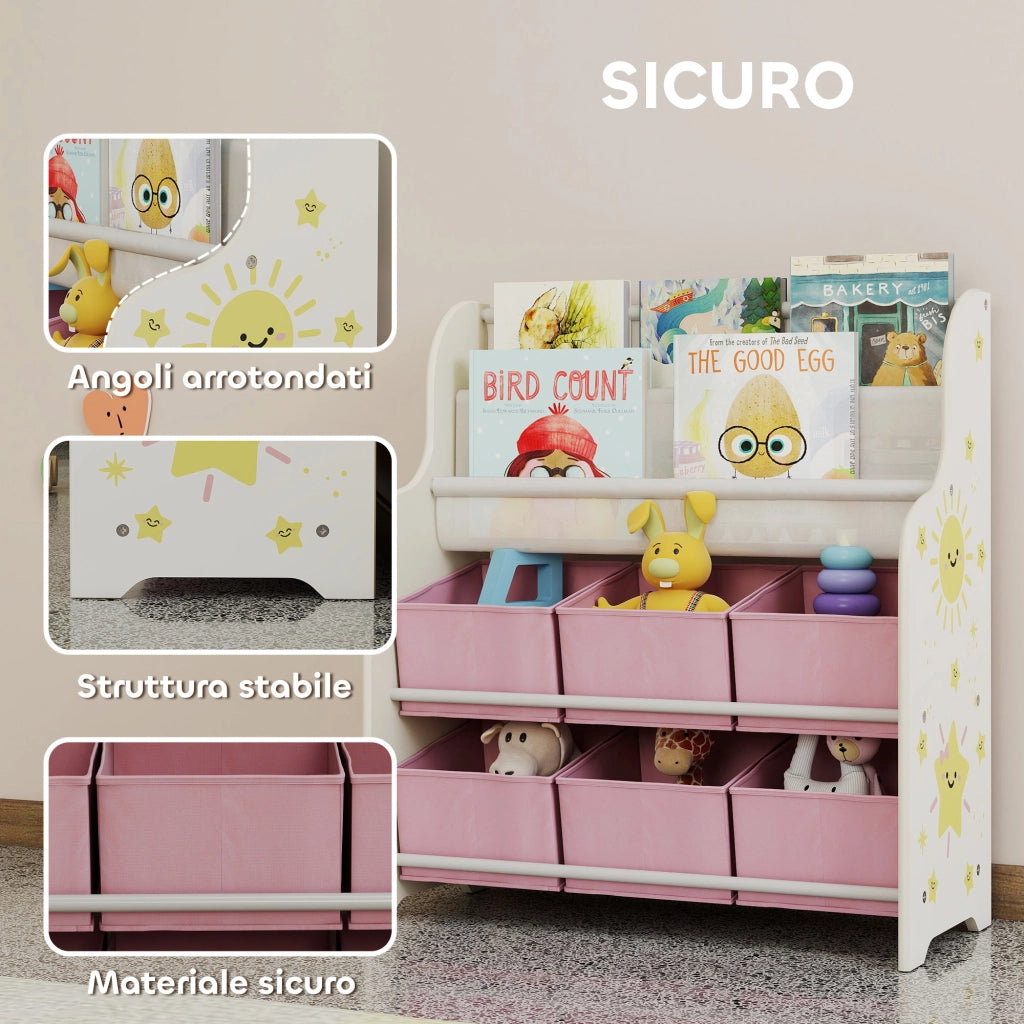 Scaffale Portagiochi con 6 Cassetti in Tessuto e Libreria a 2 Livelli, in Legno e Acciaio, 63x30x71 cm, Rosa