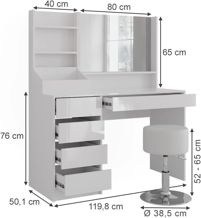 Tavolo da toeletta Sherry, Bianco/bianco lucido, 119.8 cm 4 parti