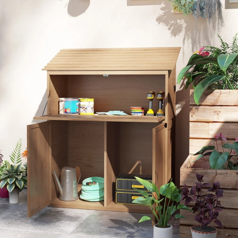 Capanno da giardino in legno naturale impermeabile con tetto monoinclinazione doppie porte scaffale interno e tavolo pieghevole mobile spazioso per riporre attrezzature da esterno terrazzo e giardino
