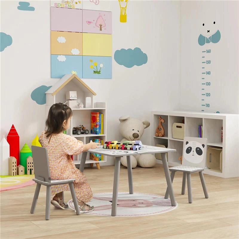 SET TAVOLINO E 2 SEDIE PER BAMBINI 3-8 ANNI IN MDF E LEGNO DI PINO GRIGIO