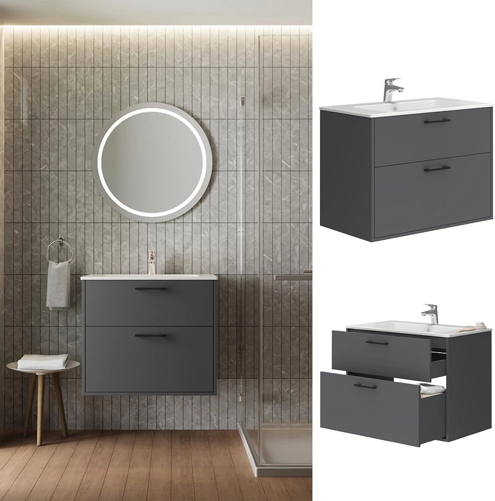 Set di mobili da bagno Lanco, Antracite, 80 x 61.5 cm con lavabo, composto da mobile sottolavabo e lavabo
