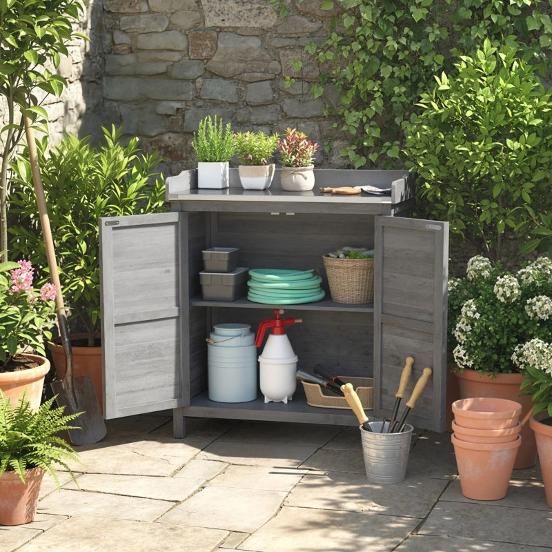 Mobile da giardino con banco da lavoro, armadio portasciugliastrumenti in legno grigio con piano zincato