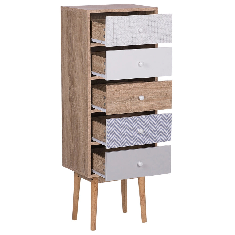Cassettiera in legno chiaro con design scandinavo a 5 cassetti in legno bianco e grigio