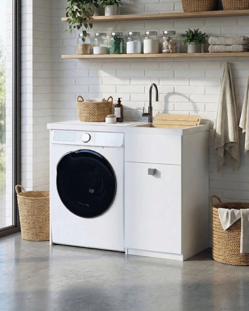 Mobile coprilavatrice Brilla Sx - Con 1 anta e lavatoio  Contenitore salvaspazio per bagno e lavanderia - Lavatrice non inclusa - Bianco - 109x93x60 cm_