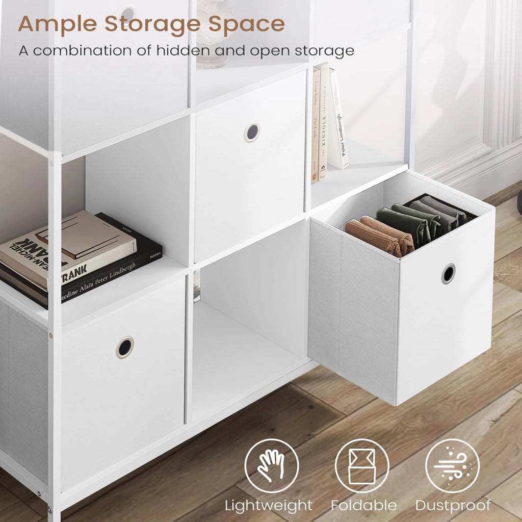Scaffale per Libri, Scaffale con 4 Cubi Aperti e 5 Cassetti in Tessuto non Tessuto, Unità di Stoccaggio Industriale per Soggiorno/Camera da Letto/Ufficio, Legno Ingegnerizzato, RGB64ws
