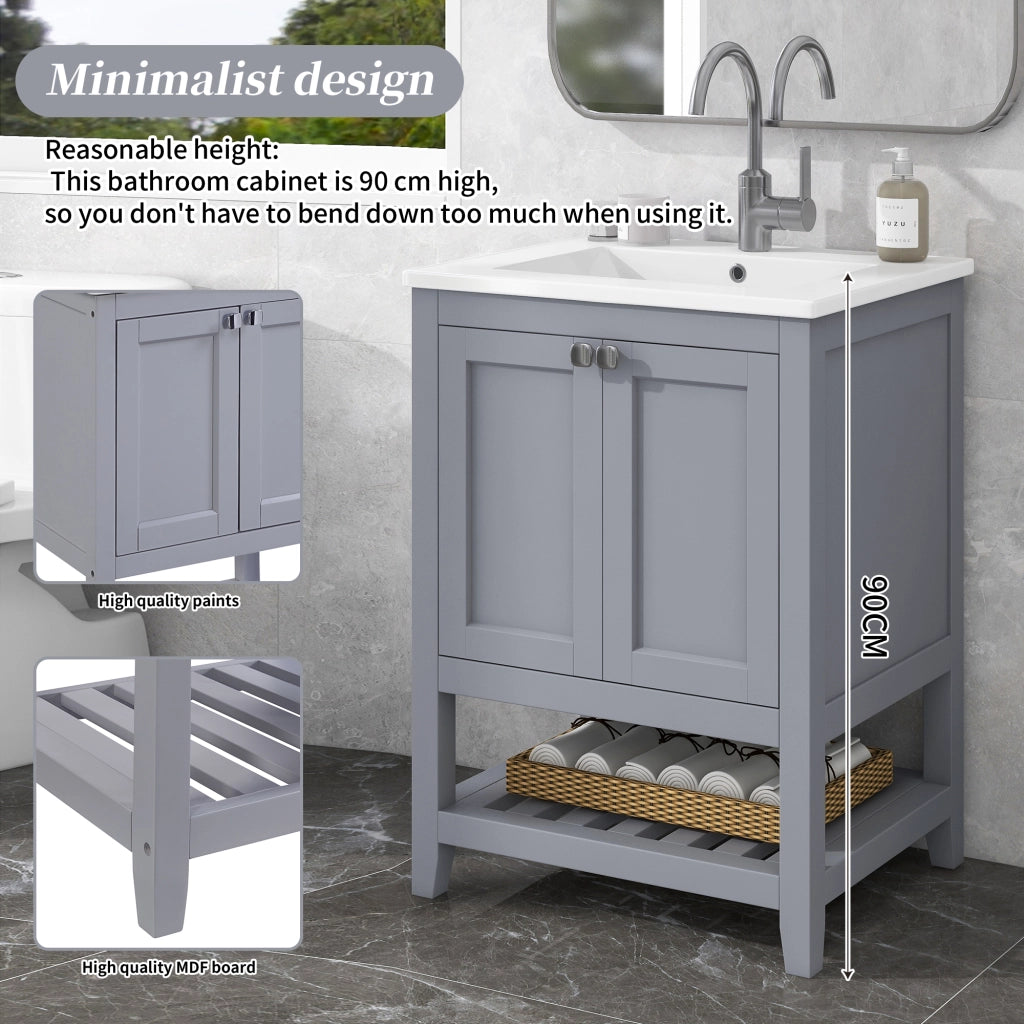 Mobile sottolavabo da bagno con lavabo in ceramica, 1 vano aperto, per bagno, in legno massello e MDF, grigio