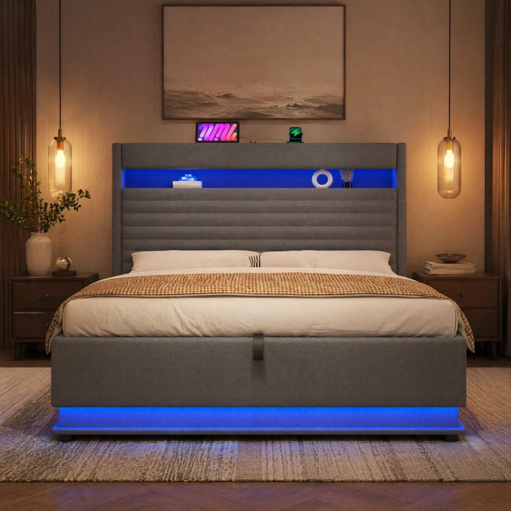 Letto Contenitore Letto Matrimoniale 140x200 cm con USB; Type-C; LED; in Lino Grigio