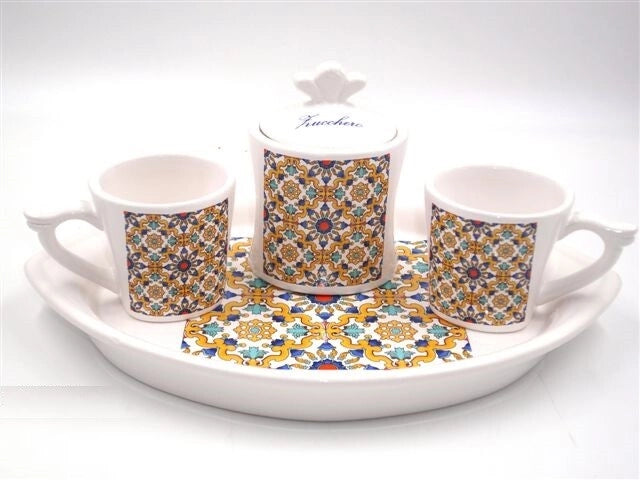 Set Caffe' Tè 2 Tazze 1 Barattolo Zucchero e Vassoio in ceramica Decoro Ravello