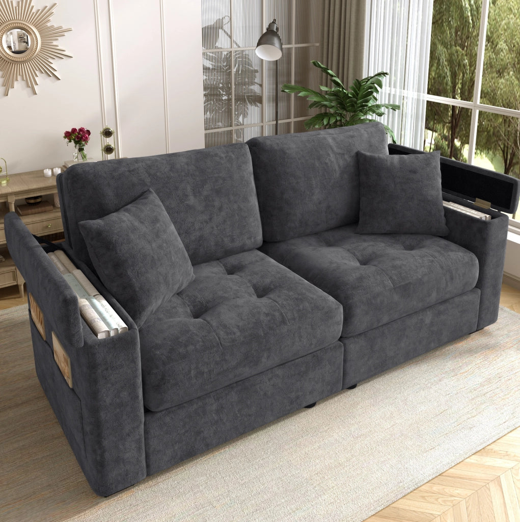 Divano 2 posti moderno in chenille grigio scuro con contenitore nei braccioli e cuscini