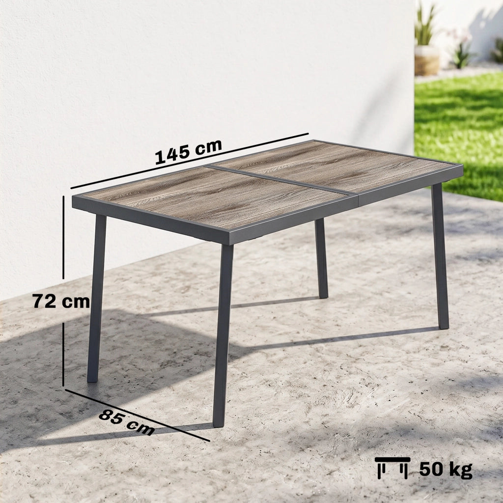 Tavolo da Giardino Rettangolare per 6 Persone con Piano Effetto Legno, in Acciaio e PSPC, 145x85x72 cm, Grigio