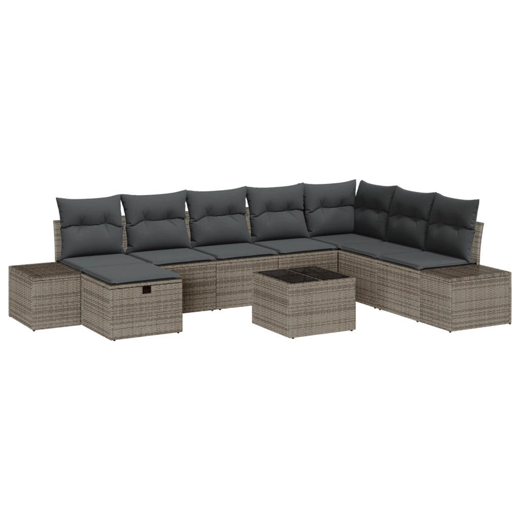 Set Divano da Giardino da 9 Pezzi con Cuscini Grigio Polyrattan