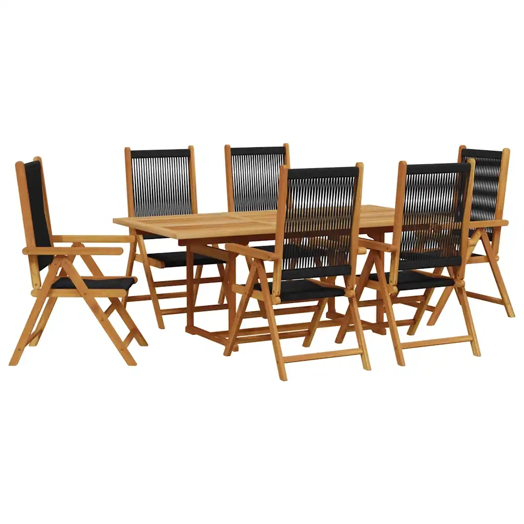Set Pranzo da Giardino 7 pz Nero Polyrattan e Legno Massello