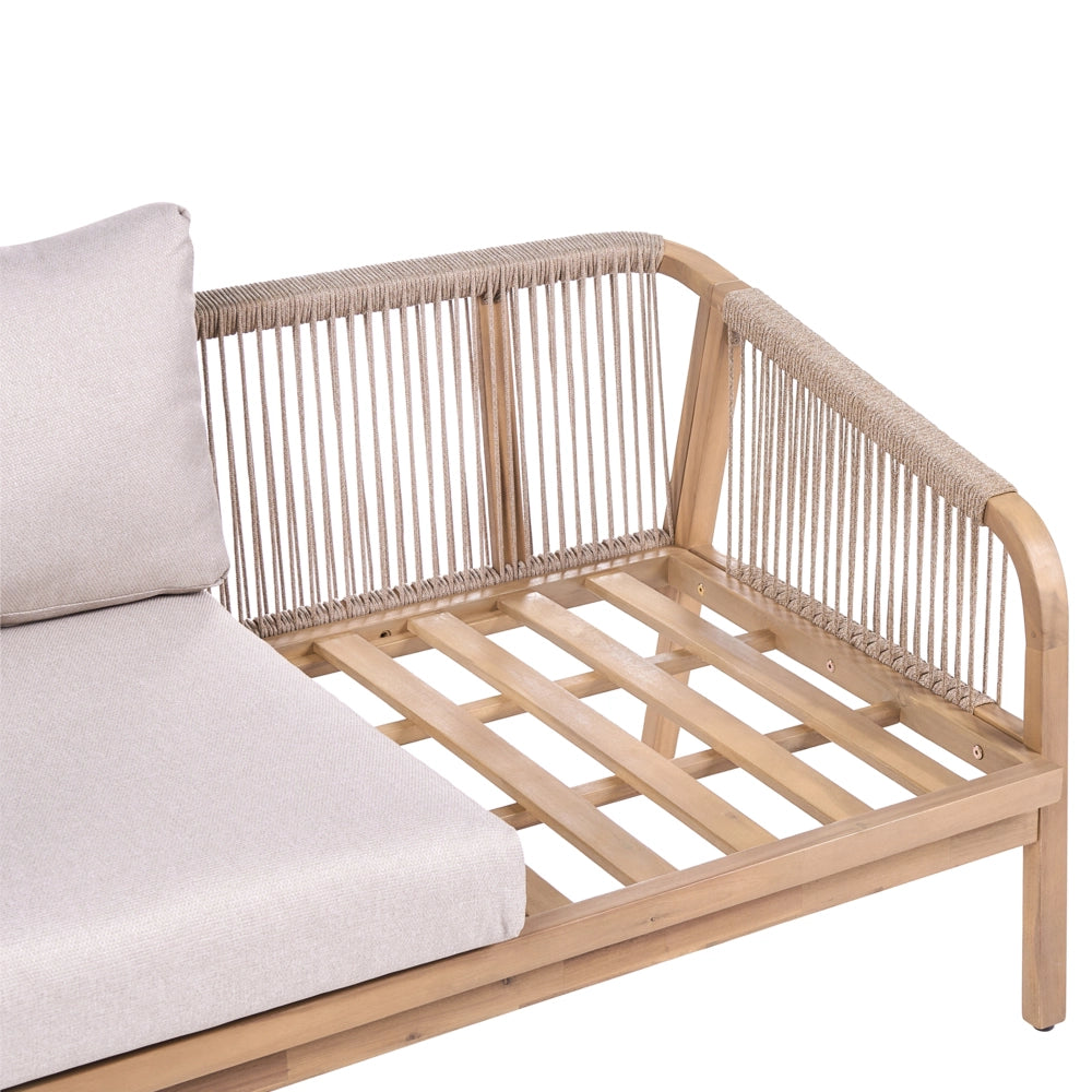 Divano da giardino a 3 posti in legno di acacia chiaro con cuscini imbottiti beige chiaro, struttura a doghe, per terrazza, stile moderno