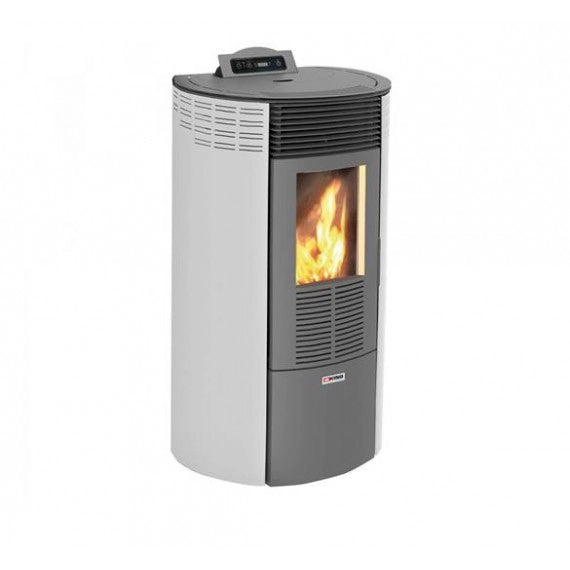 King stufa a pellet round 12 bianca, 8,7kw-n, ventilazione frontale , rivestimento in acciaio, con telecomando