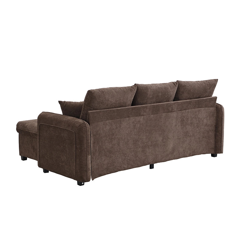 OKWISH Divano ad Angolo Modulare 3 Posti, Funzione Letto con Contenitore e 2 Pouf, Ciniglia e Schiuma, Marrone Antico