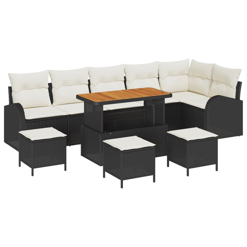 Set divano giardino  10 pezzi con cuscini in polyrattan nero e acacia