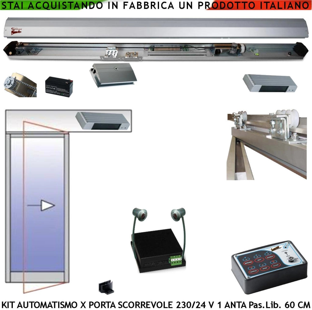 Scrigno Scorrevole Esistente 700 mm Kit Automatismo Passaggio L. 600 mm Elettronica Encoder Automatico Pinza Trasmissione Cinghia Ruote Autolubr. Sens. Avvicin. Antischiac. Abbat. Parz. Alim. 230/24 V