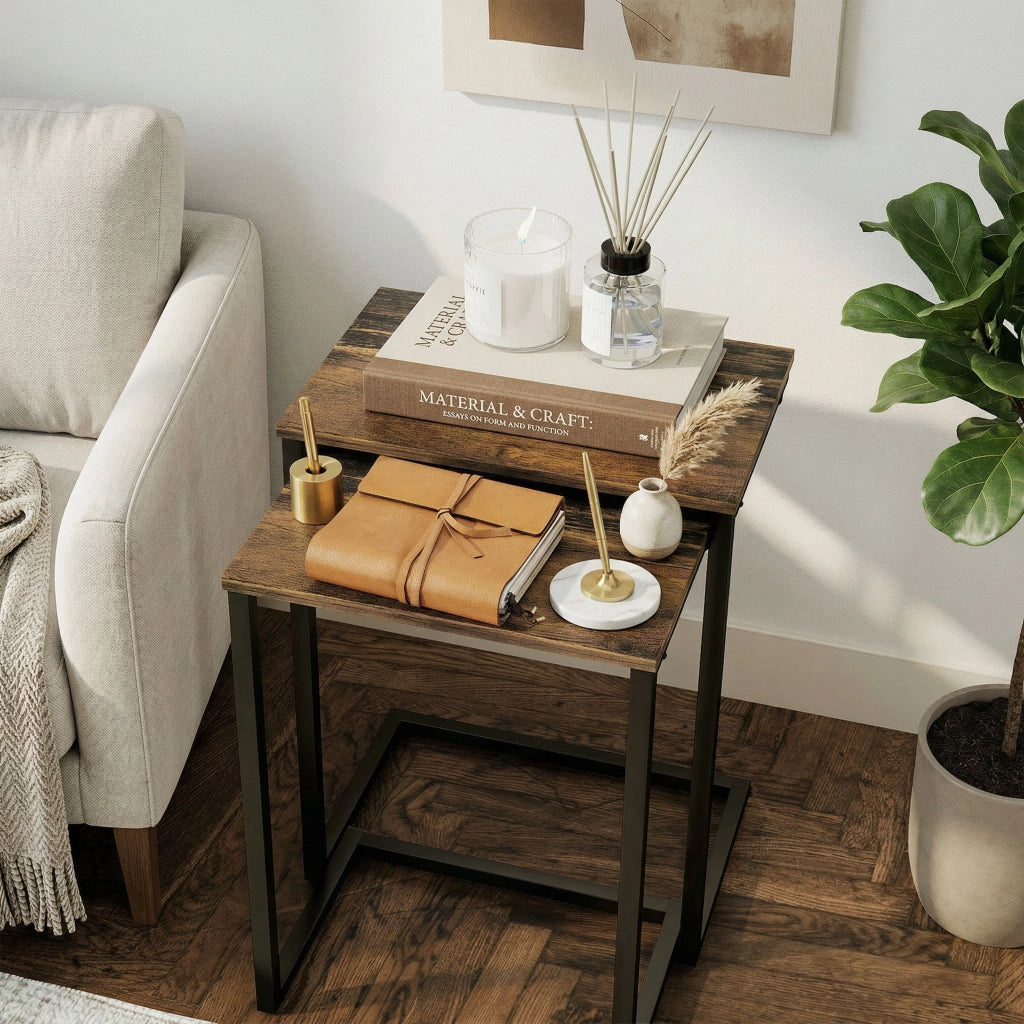 Set 3 Tavolini Impilabili ¨C Xylo ¨C Stile Industrial Legno Marrone e Metallo Nero 45x30x60 cm