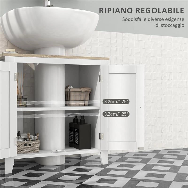 MOBILE SOTTOLAVABO BAGNO A U CON RIPIANO REGOLABILE INTERNO, IN MDF, 60X30X60 CM, BIANCO E COLOR LEGNO