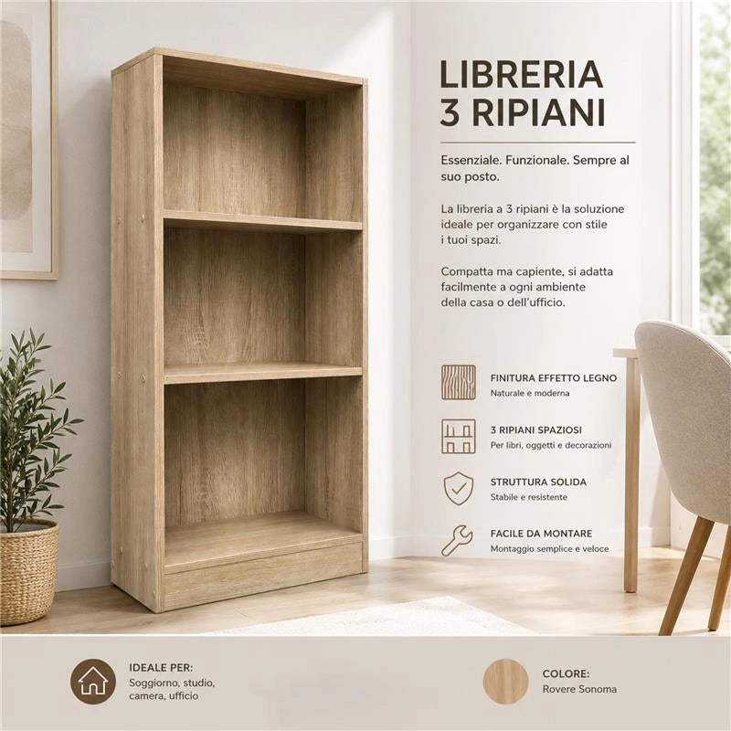 LIBRERIA IN LEGNO CON 3 RIPIANI COLORE ROVERE DIMENSIONI 60X24X120 CM