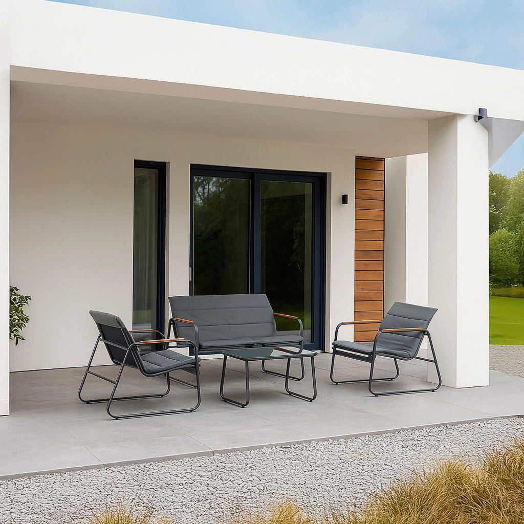 Set Salotto da Giardino 4 Pezzi Bali Divano Poltrone e Tavolino in Acciaio Textilene e Imbottitura in Policotone Grigio