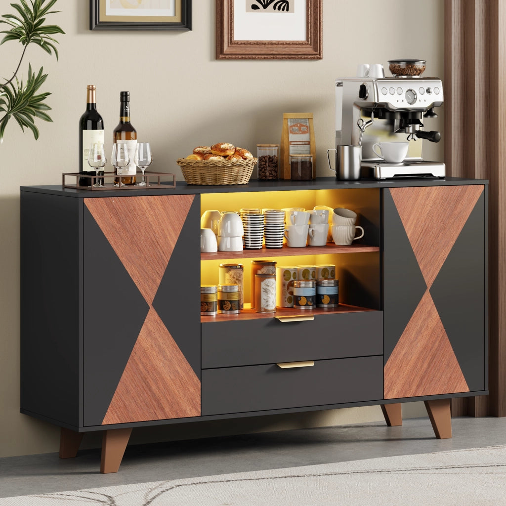Credenza multifunzione con LED RGB, 2 cassetti, ripiani regolabili e vani aperti, 150 × 40 × 90 cm