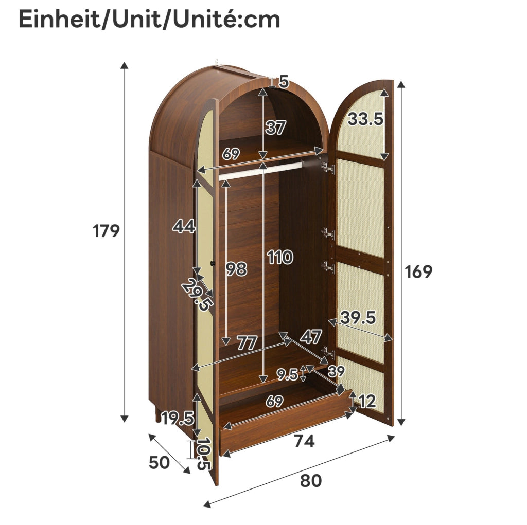 Armadio con ante curve in rattan noce 80x50x179 cm