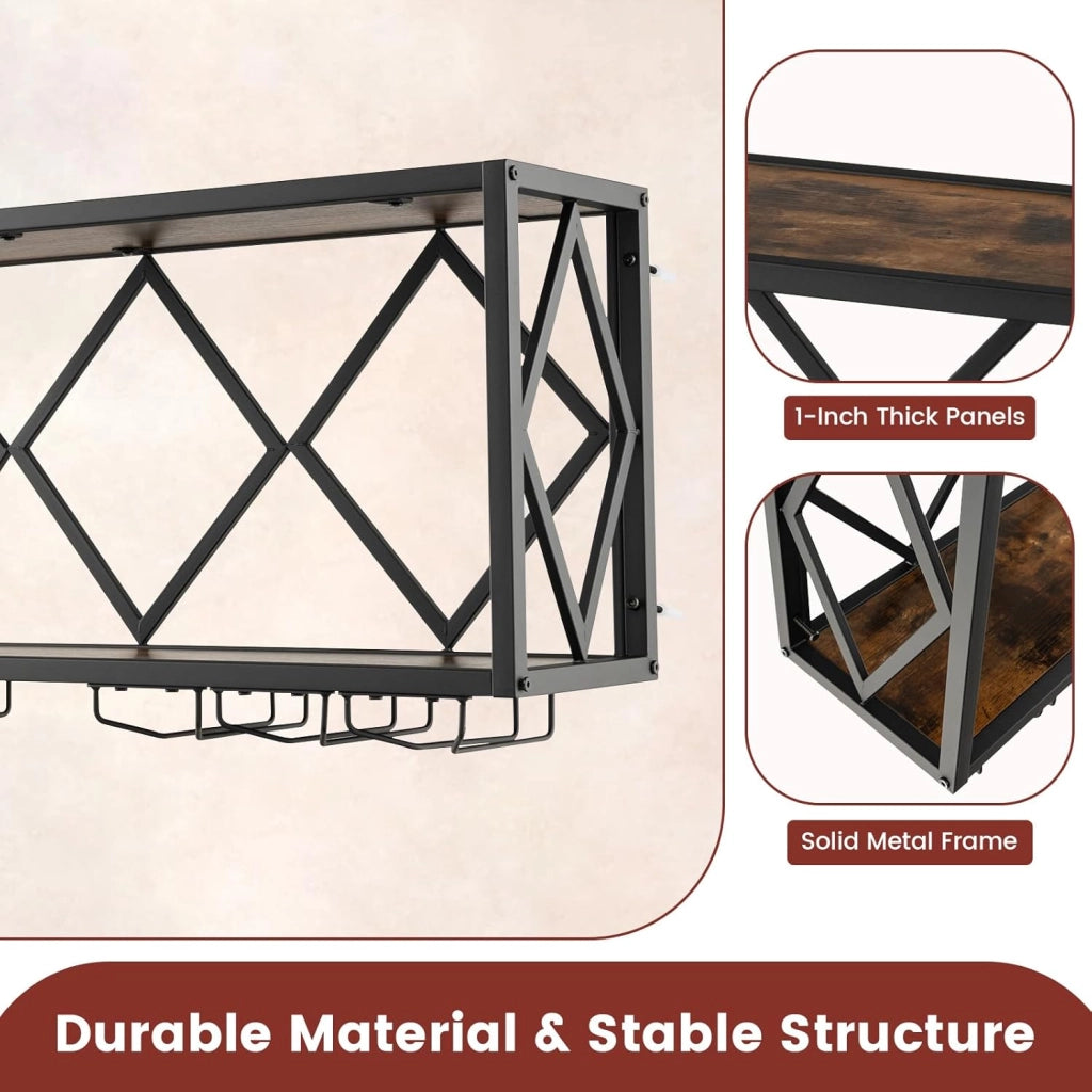 Scaffale Per Vino a Parete Con Supporto In Vetro, Scaffale Per Bottiglie a 2 Livelli, Portabottiglie Da Parete In Metallo, Per Bottiglie Di Vino, Industriale, 100 x 25 x 45 cm