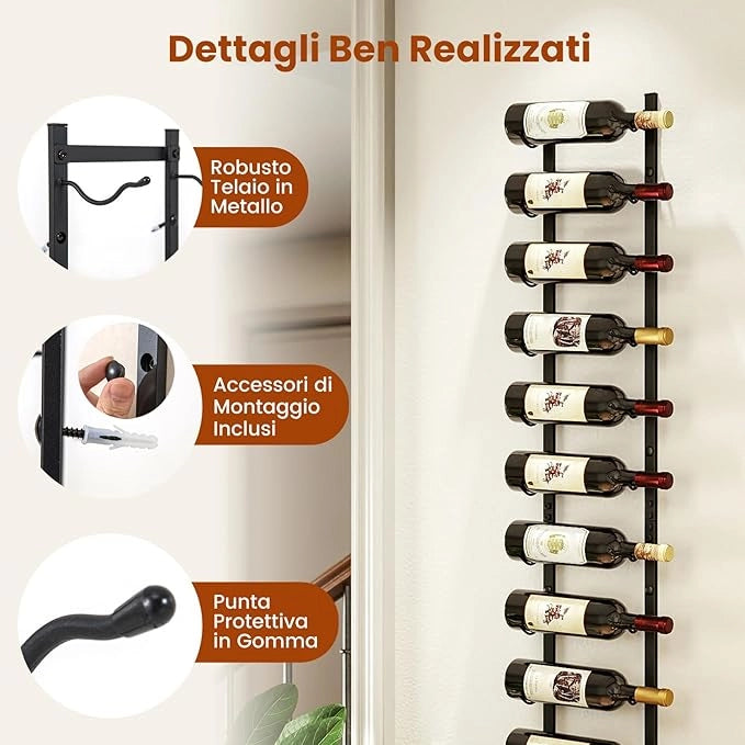 Portabottiglie Vino da Parete, Cantinetta Vino da Parete per 6/9 / 12 Bottiglie, Porta Bottiglie di Vino da Parete in Metallo per Cucina, Sala da Pranzo, Cantina, 22 x 13,5 x 145 cm, Black