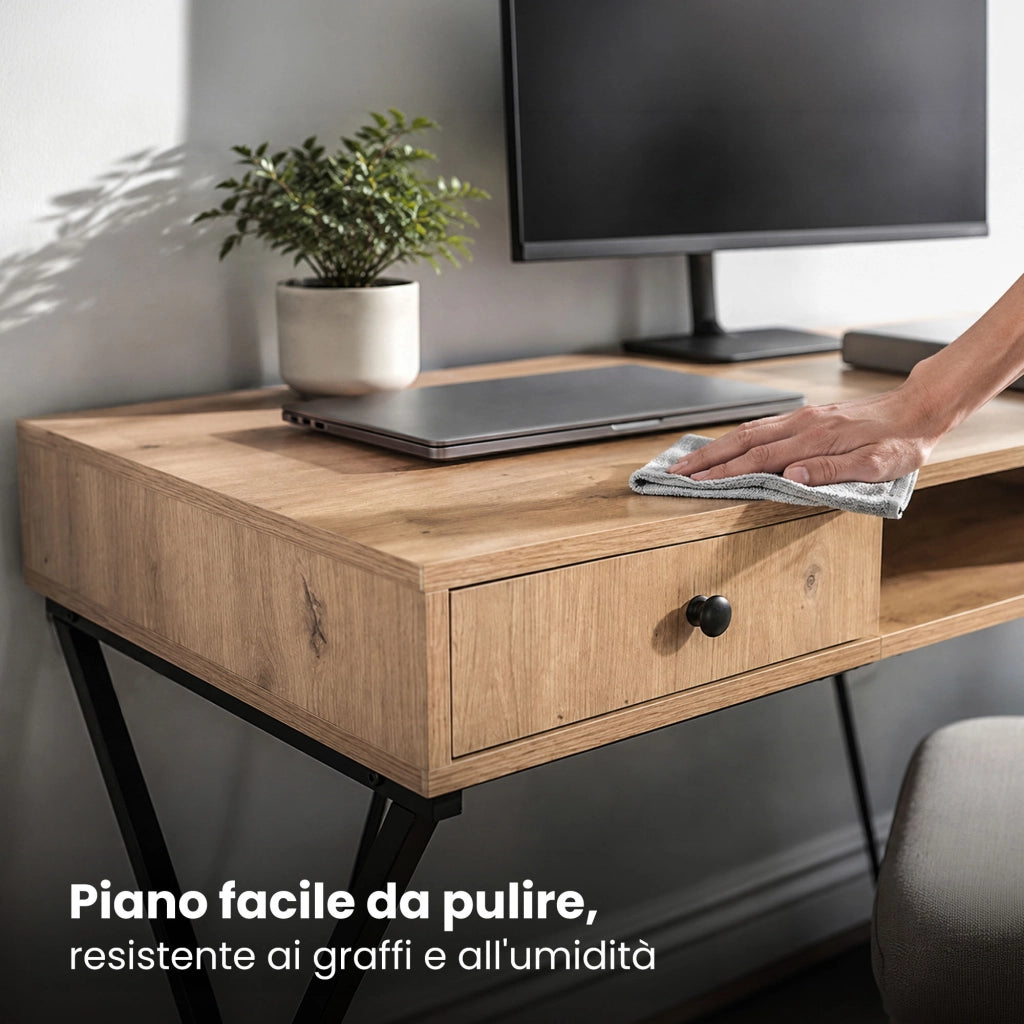Scrivania PC industriale Rovere Artisan CROSSLINE 120 cm 2 cassetti 1 ripiano gambe nere