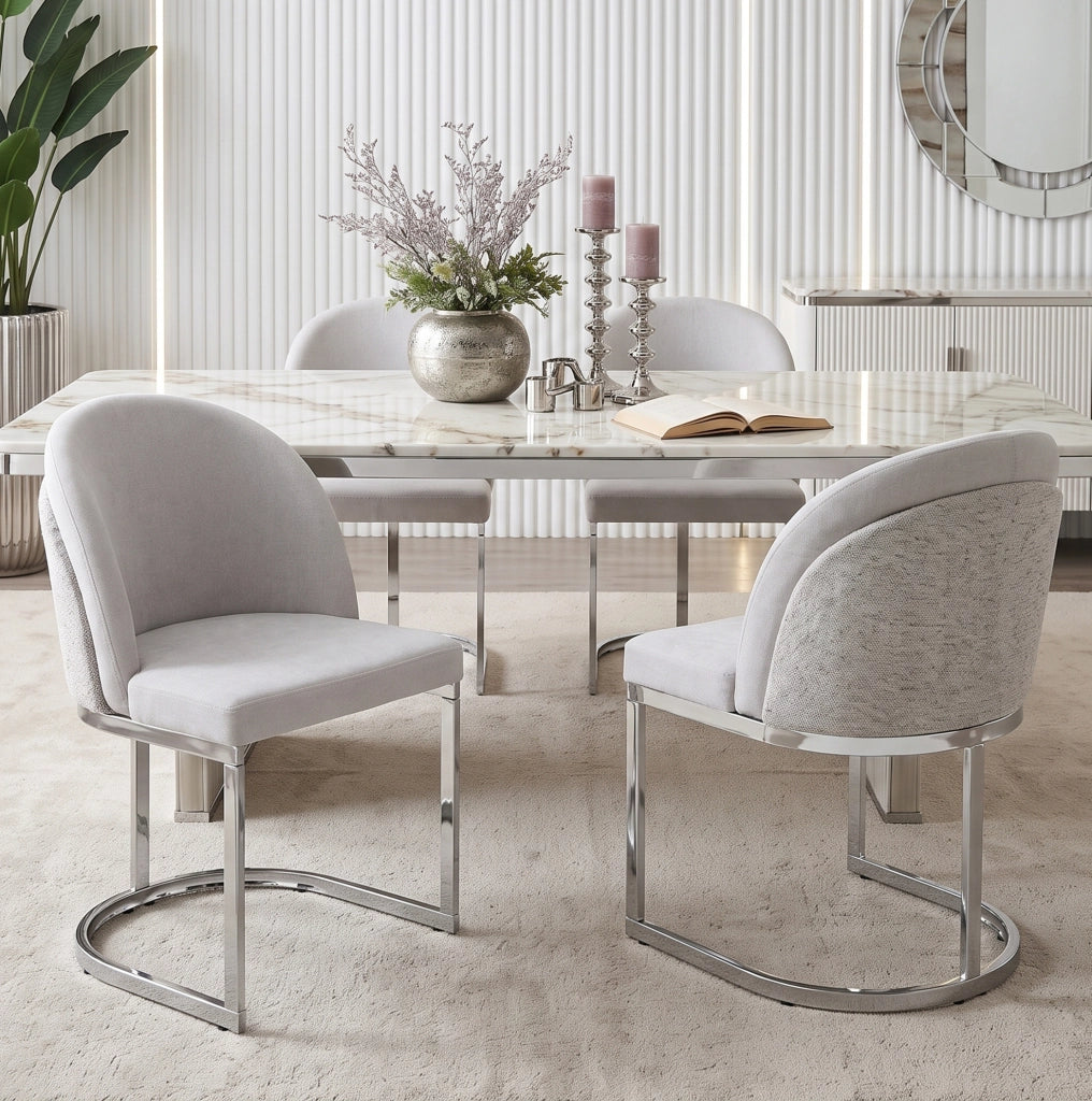 Set di 2 sedie da pranzo con doppio schienale in ciniglia e gambe in metallo; grigio e argento