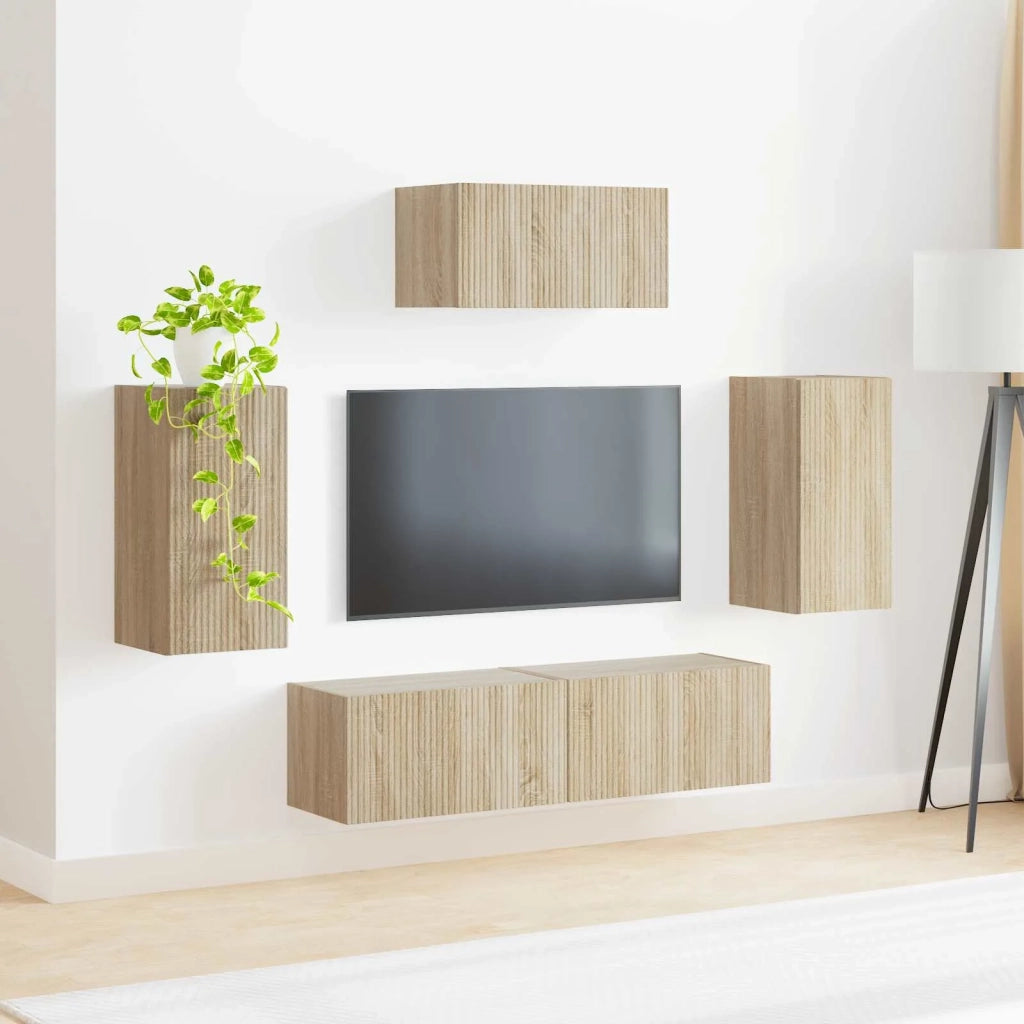 Set mobile TV 5 pz-Credenza per TV Rovere Sonoma Legno multistrato 996978