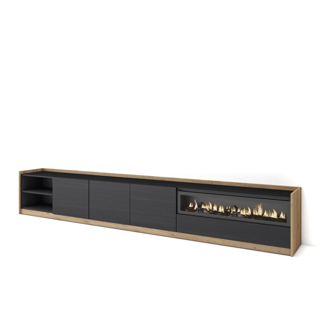 Mobile TV Soggiorno, 310x50x37 cm, Per TV fino a 80", Camino elettrico, Nero e rovere