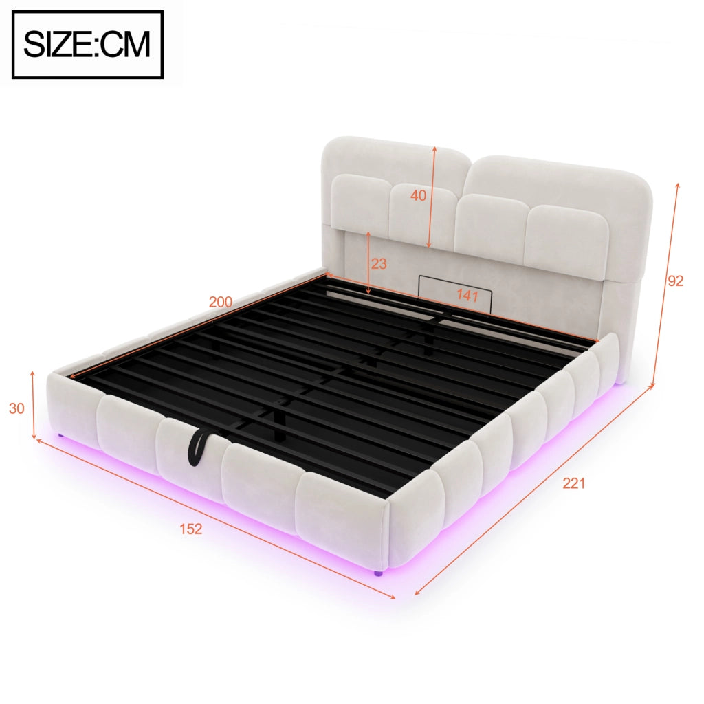 Letto Contenitore 140x200 cm; Letto Matrimoniale con LED e idraulico - in Velluto Beige
