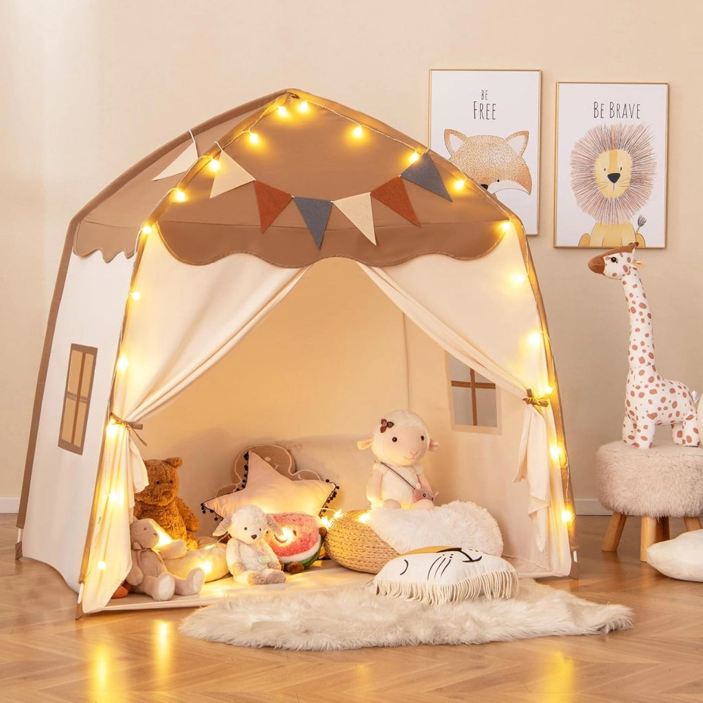 Tenda per Bambini con Luci Fatate e Bandierine, Tenda Casetta da Gioco con 2 Finestre, Tenda Gioco Castello Portatile per Interni ed Esterni, 157 x 98 x 148 cm (Marrone e beige)