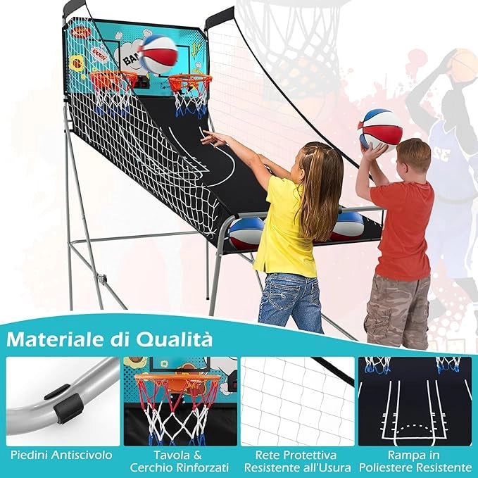 Macchina da Pallacanestro Elettronica, Canestro Basket da Camera a Doppio Tiro Pieghevole con Punteggio Elettronico, 4 Palle, 8 Modalità di Gioco e 2 Canestri (Verde)