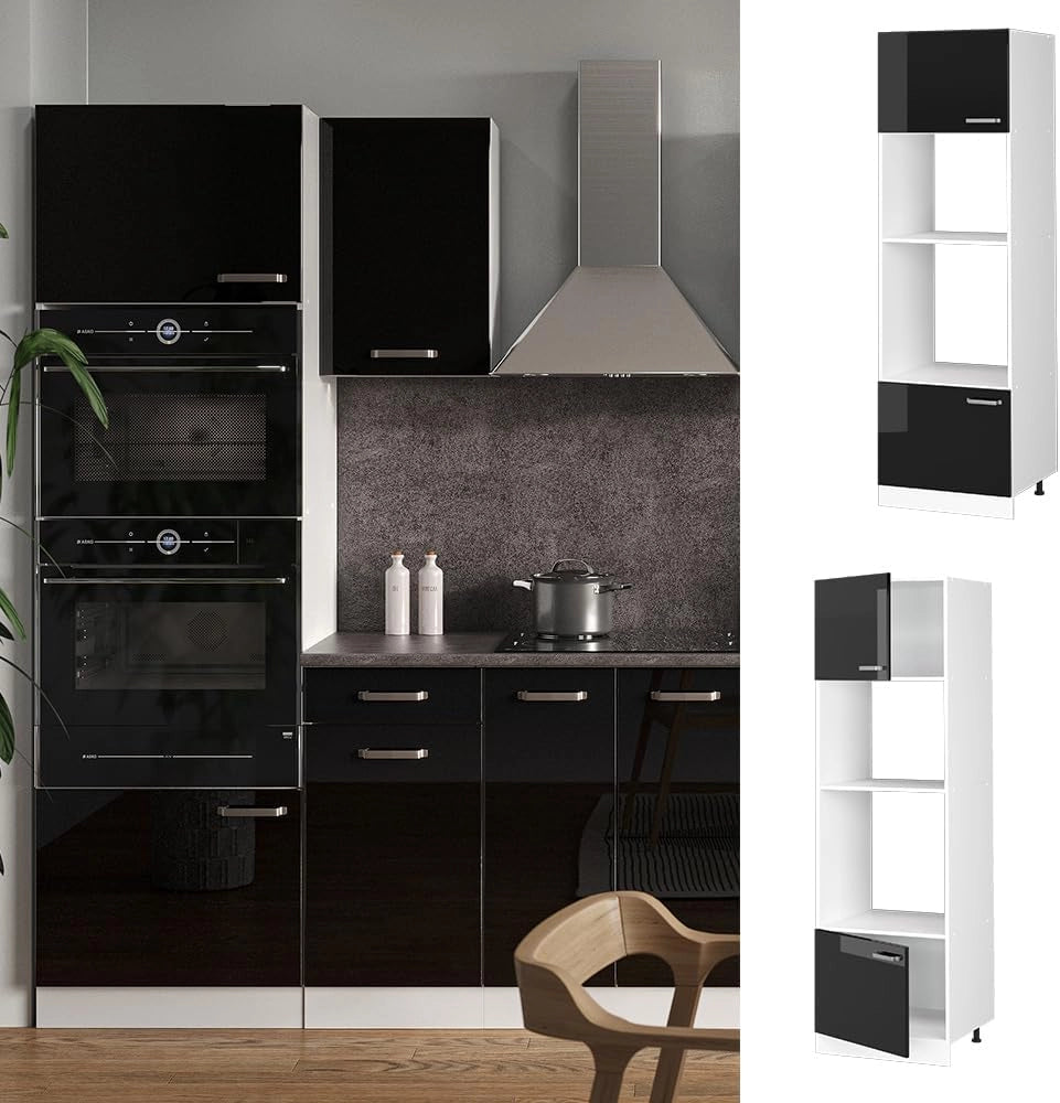 Mobile cucina microonde R-Line, Nero lucido, 60 cm, per la libera combinazione all'interno di sistemi cucina modulari