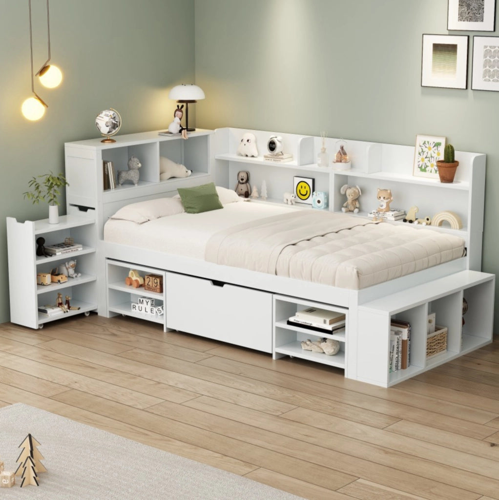 Letto singolo per bambini 90x200 cm con cassetti e scaffali