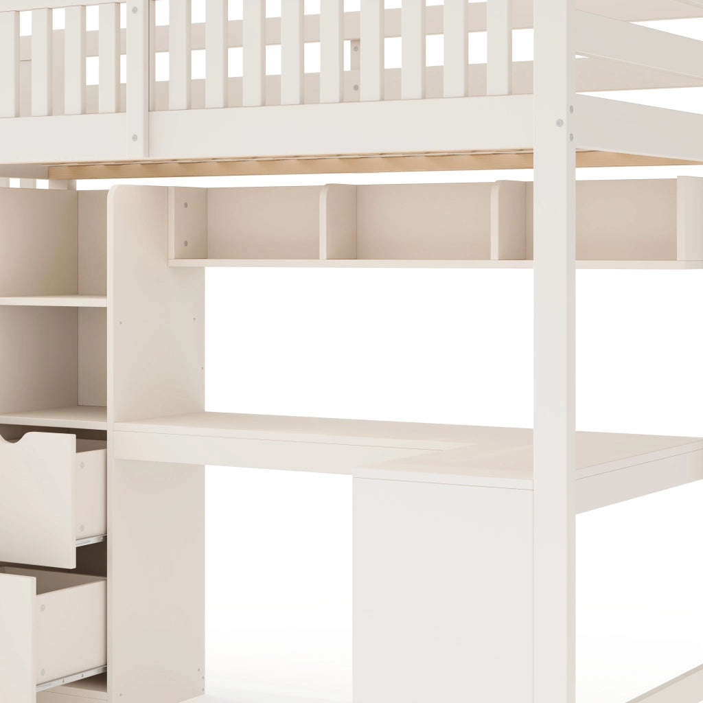 Letto a soppalco per bambini 90 × 200 cm con scala-armadio, scrivania ad angolo, senza materasso, bianco