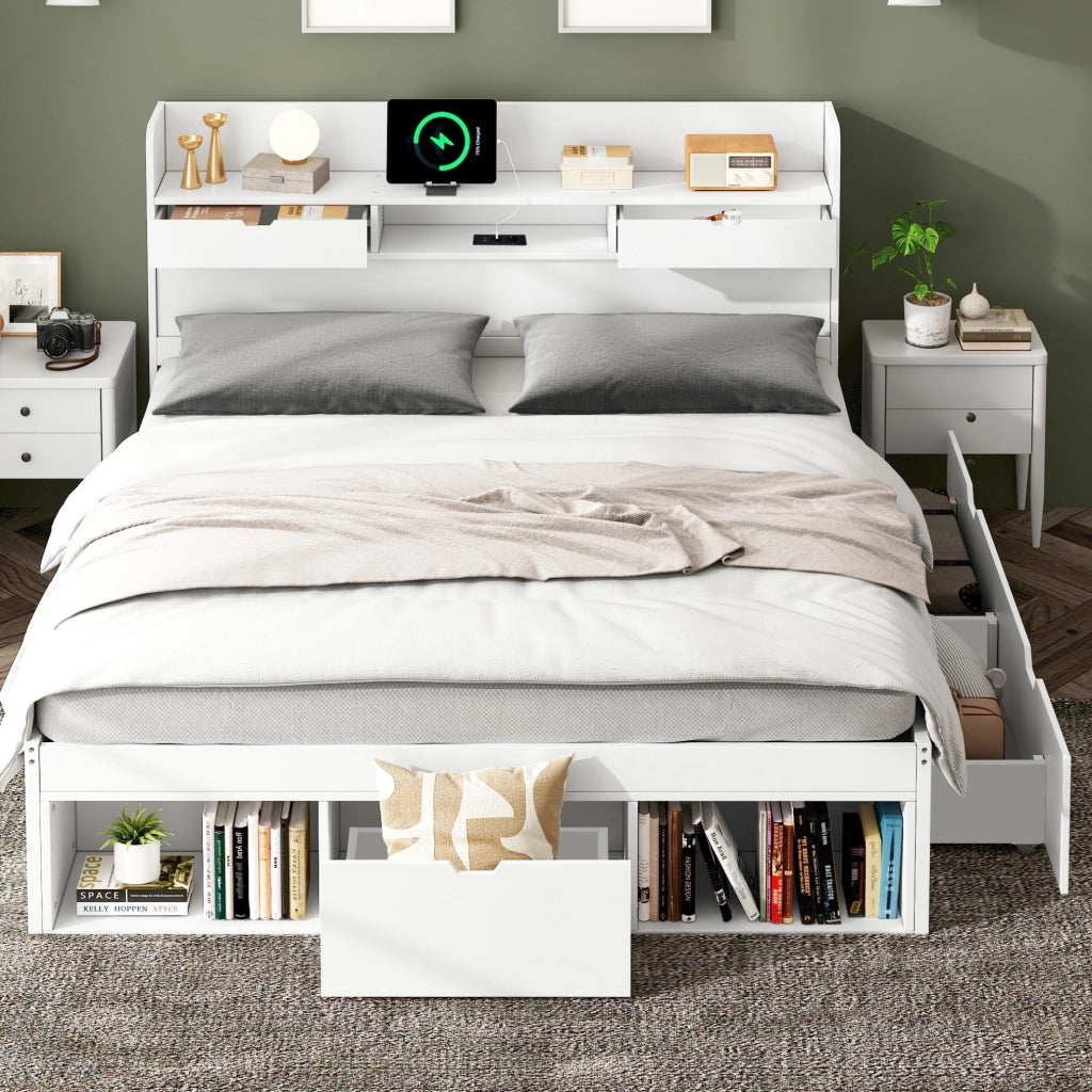 Letto 140x200 cm; porta USB e Tipo C; grande spazio contenitore; legno di pino e MDF; bianco (Senza materasso)