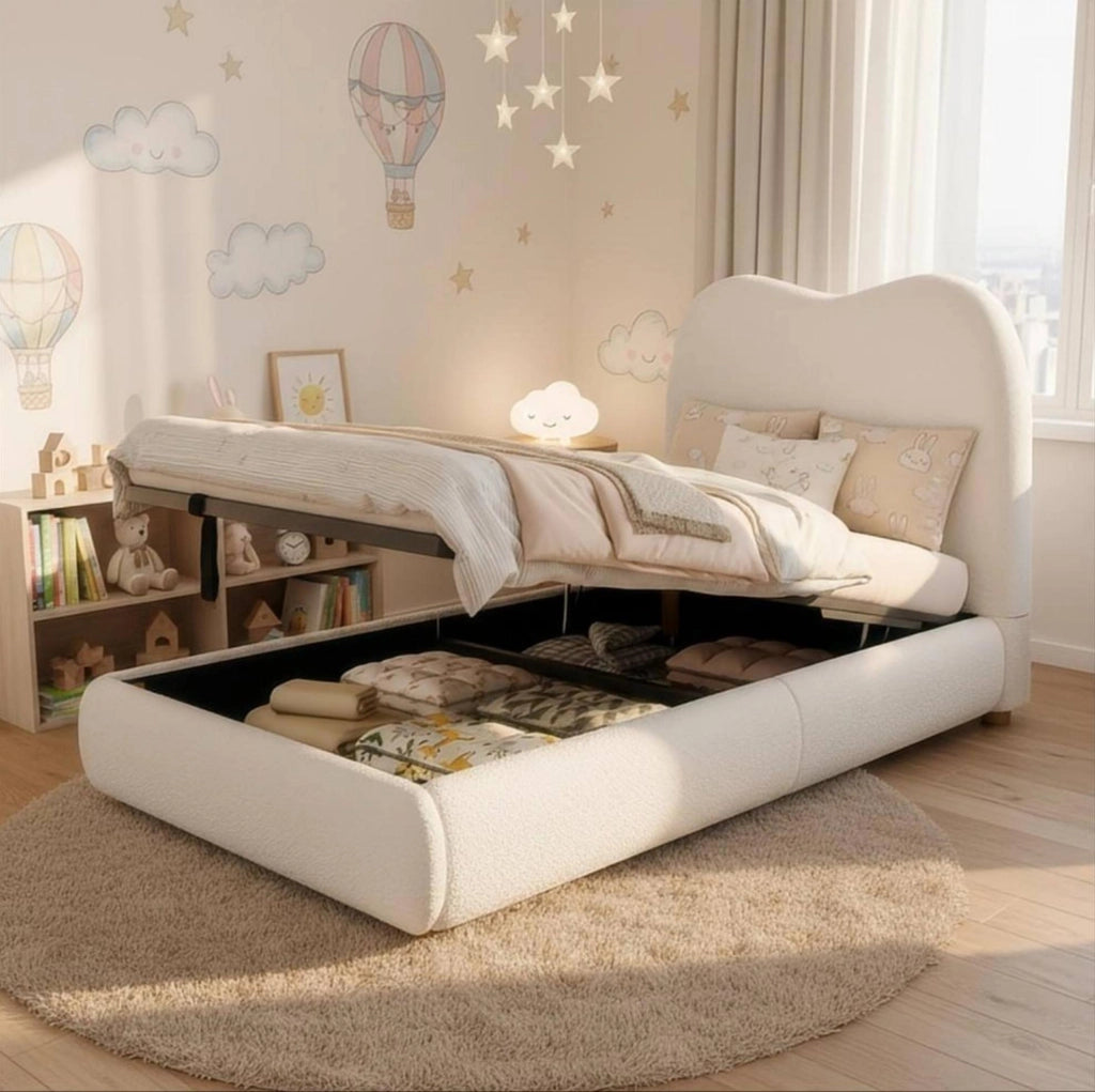 Letto imbottito per bambini con vano contenitore idraulico e rete; bouclé beige