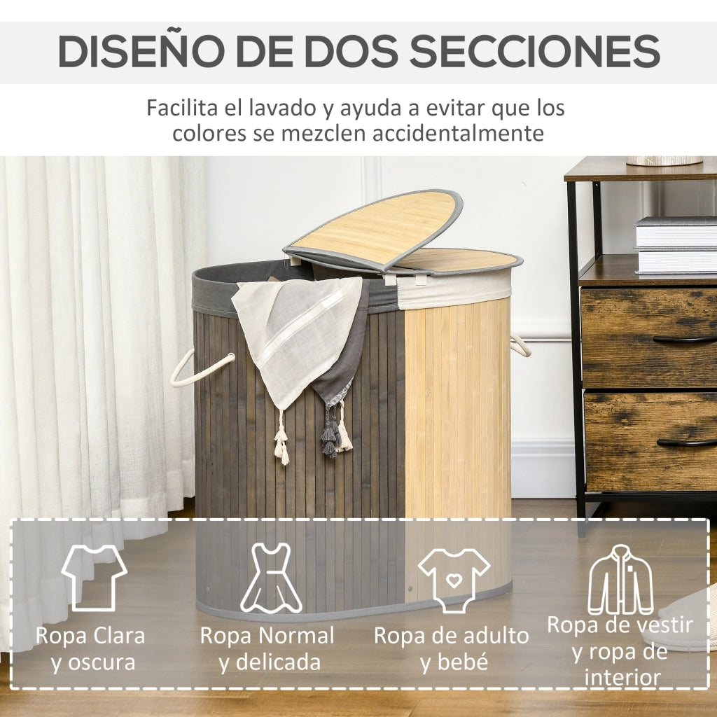 Cestino per Biancheria in Bamb¨´ con 2 Compartimenti ¨C Minimal ¨C Grigio 62.5x37x60.5 cm