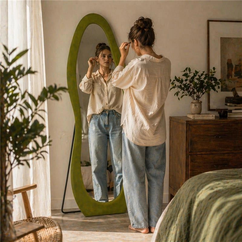 SPECCHIO ONDA IN VELLUTO VERDE CON PIEDE E GANCI PER APPENDERE MISURE: 60X160 CM