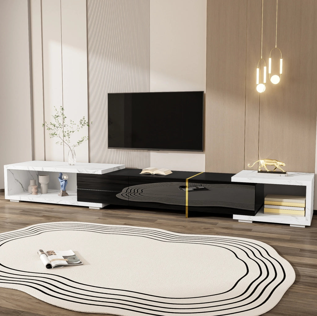 Mobile porta TV estensibile e girevole 140-260 cm effetto marmo bianco e nero