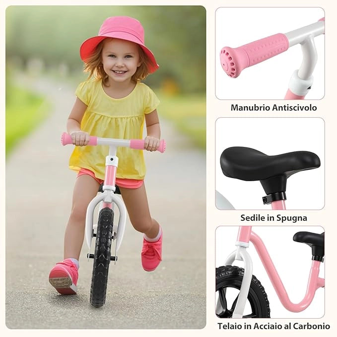 Bicicletta Equilibrio Senza Pedali, con Manubrio e Sella Regolabili in Altezza, Bicicletta Leggera con Telaio in Acciaio al Carbonio, Bici da Regalo per Bambini 3 + Anni