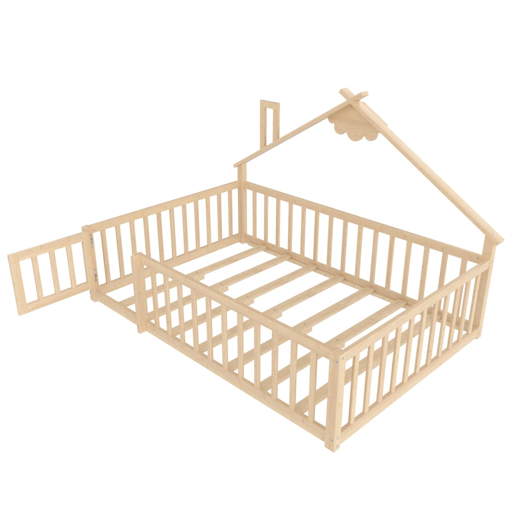 Letto per bambini 140x190 cm; casetta con sponde e serratura; legno; colore naturale (Senza materasso)