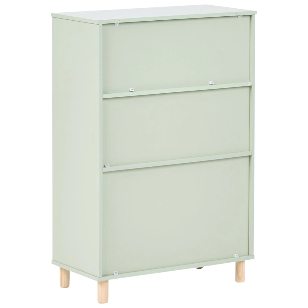 Libreria a 3 ripiani con struttura in MDF verde chiaro e gambe in legno di pino. Scaffale per camera bambini.